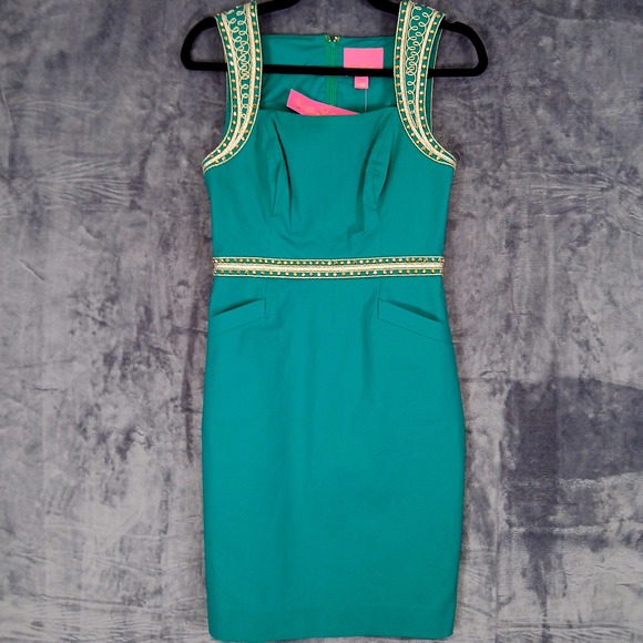 Lilly Pulitzer Dress Womens 0 Emerald Dana Stretch Sheath Embellished Shift